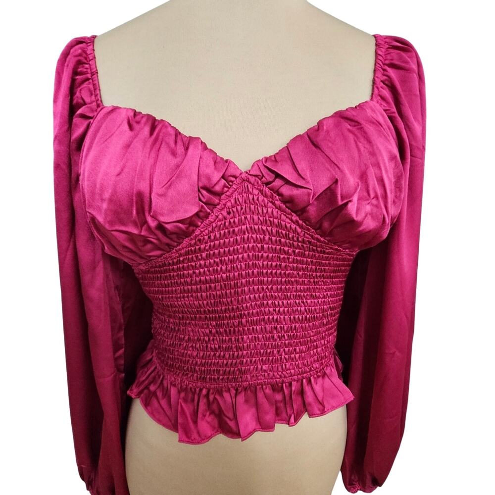 MittoShop Hot Pink Satin Smocked Puff Sleeve Crop Top M NWT Milkmaid Cottagecore